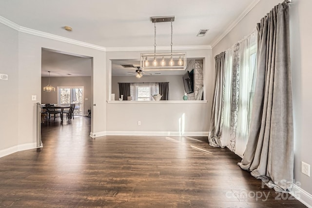 interior space featuring crown molding, dark wood-type flooring, and ceiling fan