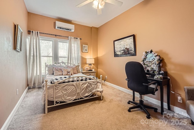 bedroom featuring ceiling fan, a wall mounted air conditioner, and carpet floors