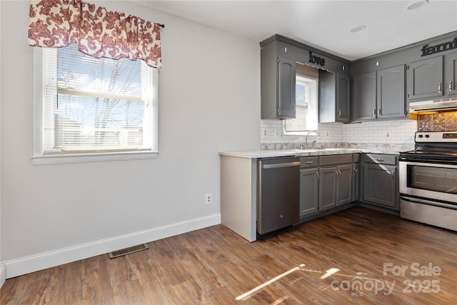 kitchen with gray cabinets, appliances with stainless steel finishes, and sink