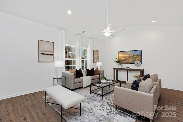 living room with high vaulted ceiling, dark hardwood / wood-style floors, and ceiling fan