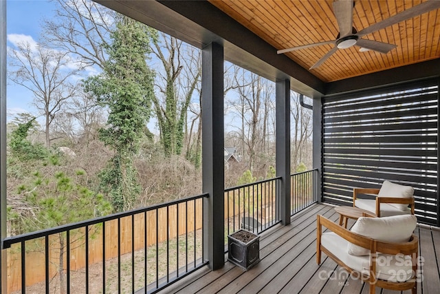 sunroom / solarium with wooden ceiling and a ceiling fan