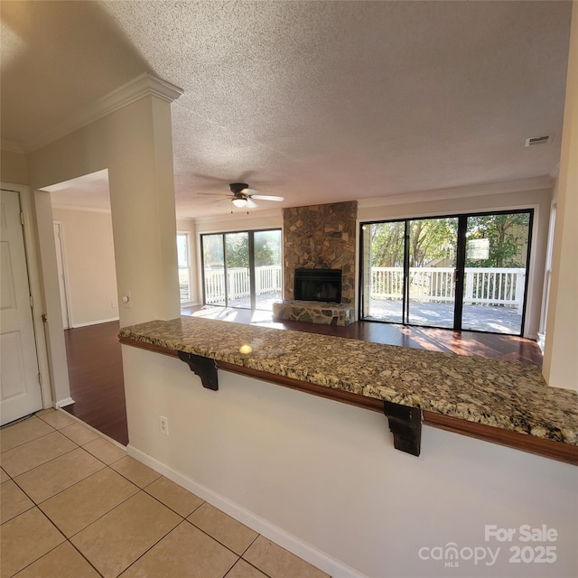 kitchen with ornamental molding, plenty of natural light, and tile patterned flooring