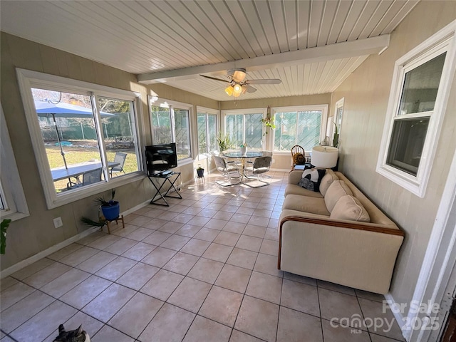 sunroom / solarium featuring beamed ceiling, wooden ceiling, and a ceiling fan