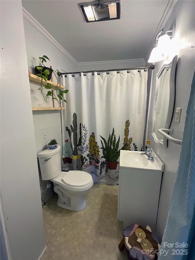 bathroom featuring visible vents, a shower with shower curtain, toilet, ornamental molding, and vanity