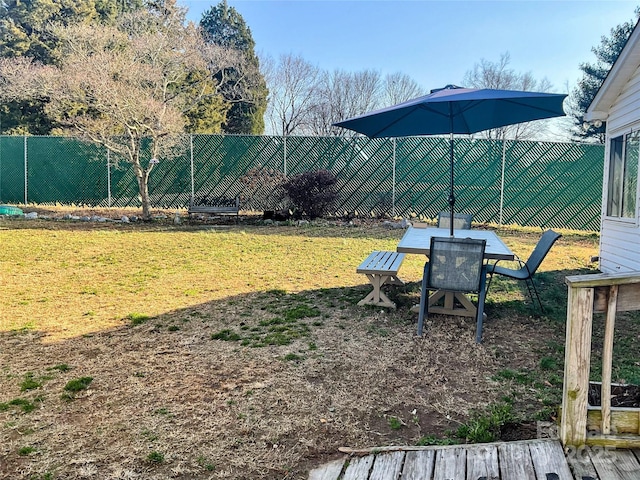 view of yard with outdoor dining area and a fenced backyard