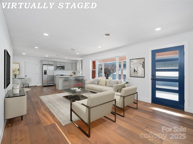 living room featuring sink and hardwood / wood-style floors