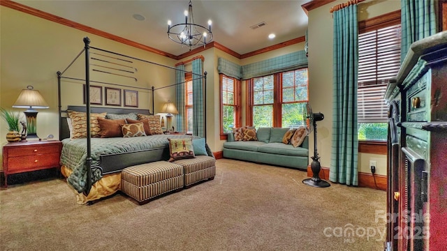 carpeted bedroom featuring ornamental molding, a fireplace, a notable chandelier, and visible vents