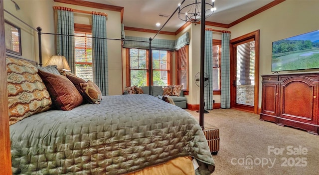 bedroom with a chandelier, carpet floors, visible vents, baseboards, and ornamental molding