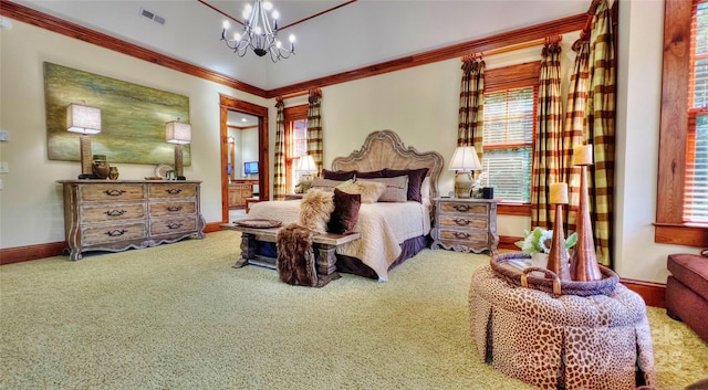 carpeted bedroom featuring crown molding, visible vents, a notable chandelier, and baseboards