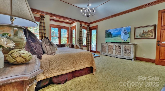 bedroom with a notable chandelier, carpet floors, ornamental molding, and baseboards