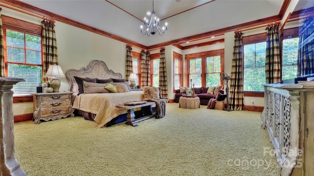 bedroom featuring a chandelier, carpet, baseboards, and crown molding