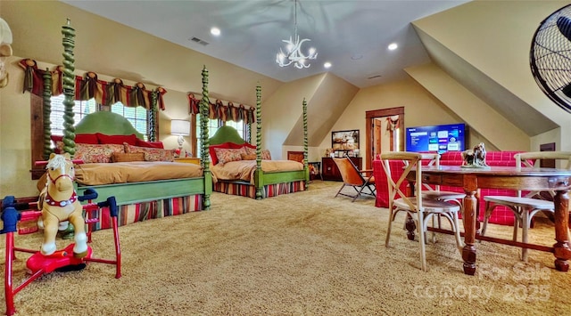 bedroom featuring visible vents, lofted ceiling, carpet, a notable chandelier, and recessed lighting