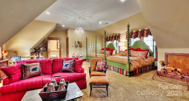 bedroom with carpet, a notable chandelier, lofted ceiling, recessed lighting, and visible vents