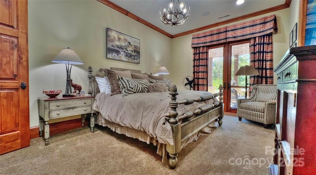 carpeted bedroom with a chandelier, ornamental molding, and visible vents