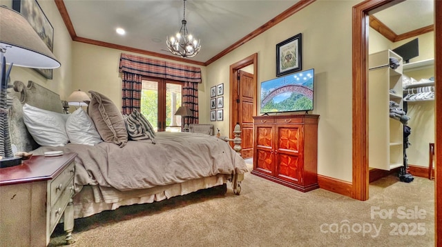 bedroom with baseboards, carpet floors, an inviting chandelier, and crown molding