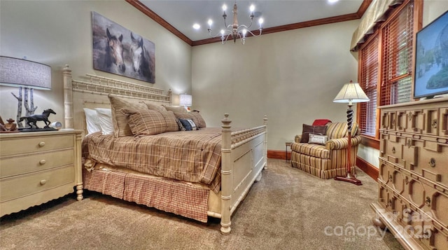 carpeted bedroom with ornamental molding, a notable chandelier, and baseboards