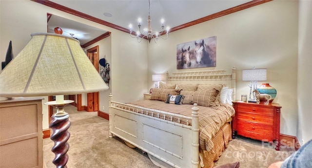 bedroom with ornamental molding, light carpet, a notable chandelier, and baseboards