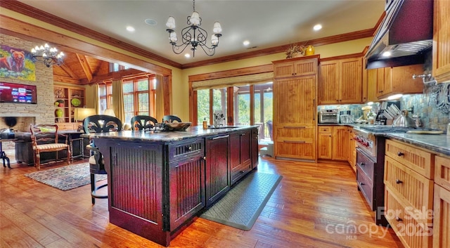 kitchen featuring under cabinet range hood, light wood-type flooring, a kitchen bar, and an inviting chandelier