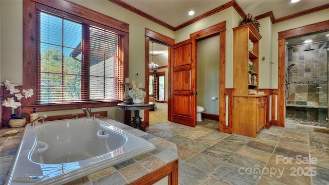 full bathroom with crown molding, toilet, a stall shower, stone finish flooring, and a bath