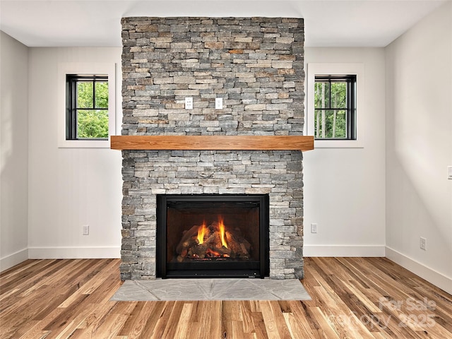 room details featuring wood-type flooring and a fireplace