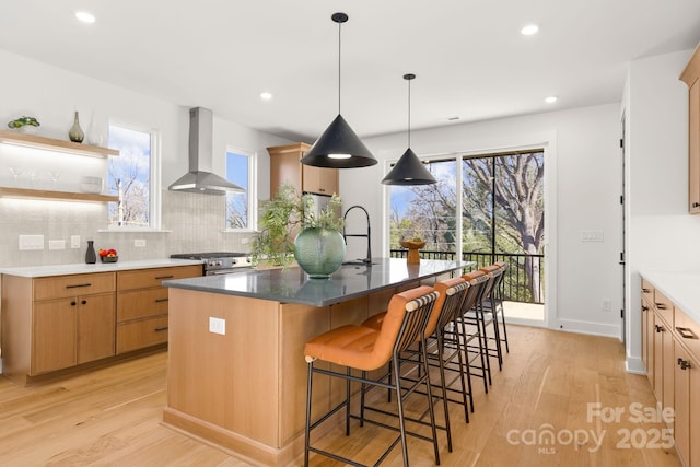 kitchen with wall chimney exhaust hood, light wood finished floors, high end stainless steel range, and tasteful backsplash