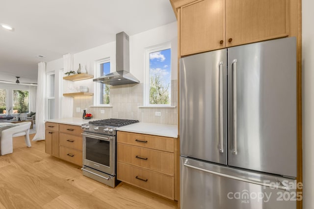 kitchen with light wood finished floors, premium appliances, light countertops, wall chimney range hood, and backsplash