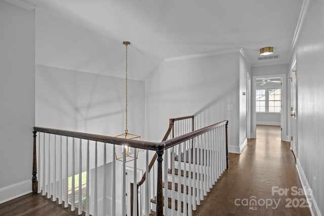 hallway with dark hardwood / wood-style flooring, ornamental molding, an inviting chandelier, and lofted ceiling