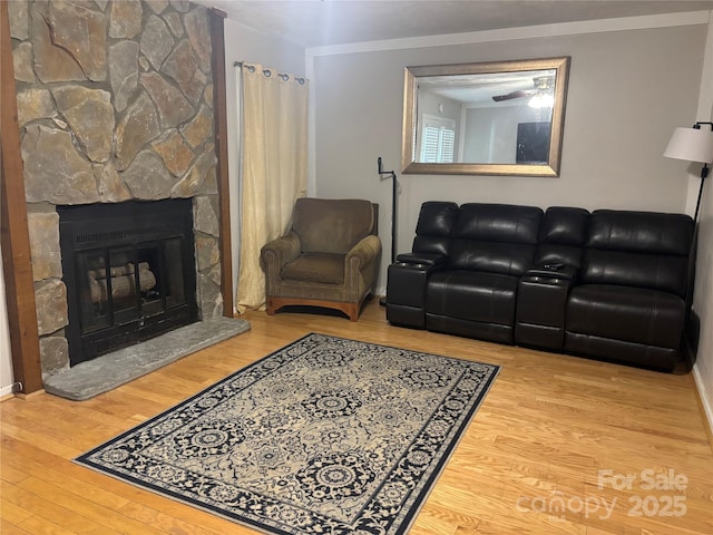 living room with a fireplace and hardwood / wood-style floors