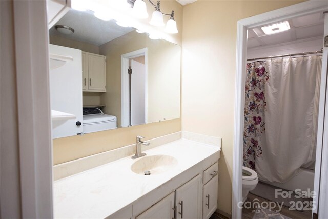 full bathroom featuring vanity, washer / dryer, toilet, and shower / tub combo with curtain