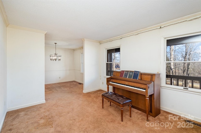 miscellaneous room featuring a healthy amount of sunlight, light carpet, and a notable chandelier