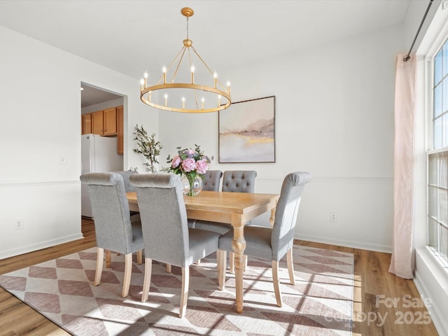 dining space with a notable chandelier and light hardwood / wood-style floors