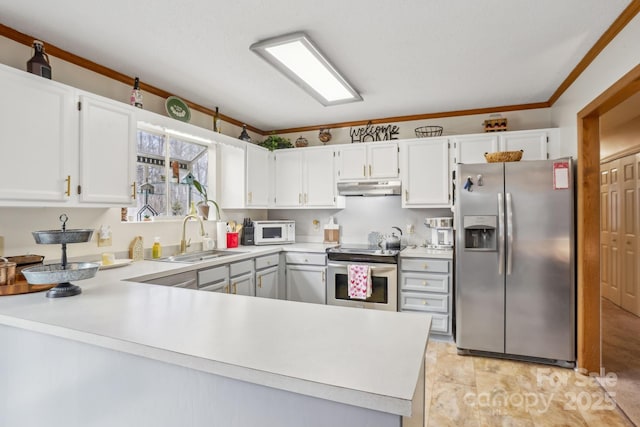 kitchen with white cabinetry, sink, kitchen peninsula, and appliances with stainless steel finishes