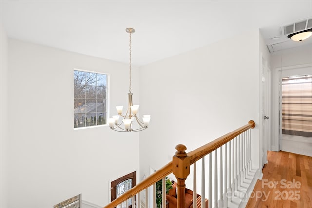 hallway with hardwood / wood-style floors and a notable chandelier