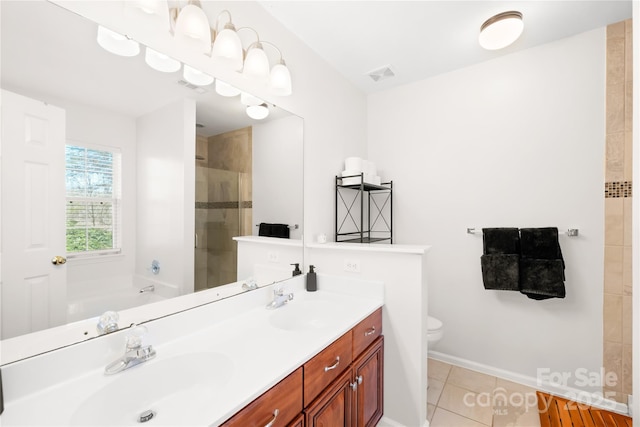 full bathroom featuring shower with separate bathtub, vanity, tile patterned floors, and toilet