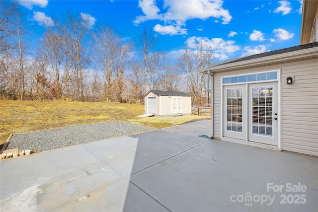 view of patio / terrace featuring a storage shed