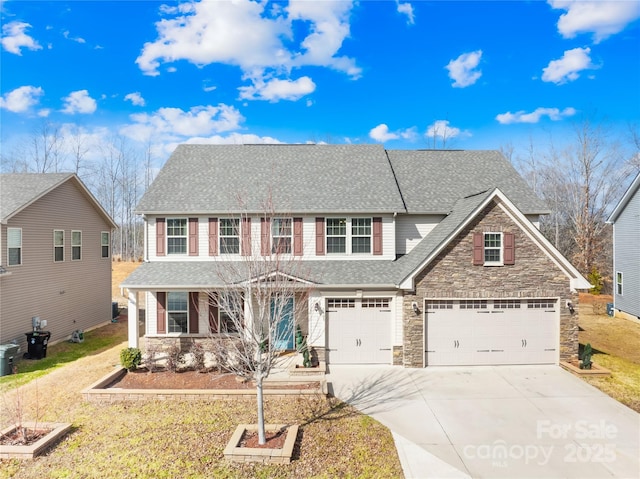 7405 Bosson St SW, Concord, NC 28025 - view of front of house featuring concrete driveway, stone siding, a garage, and roof with shingles