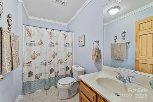 bathroom featuring ornamental molding, toilet, tile patterned flooring, and vanity