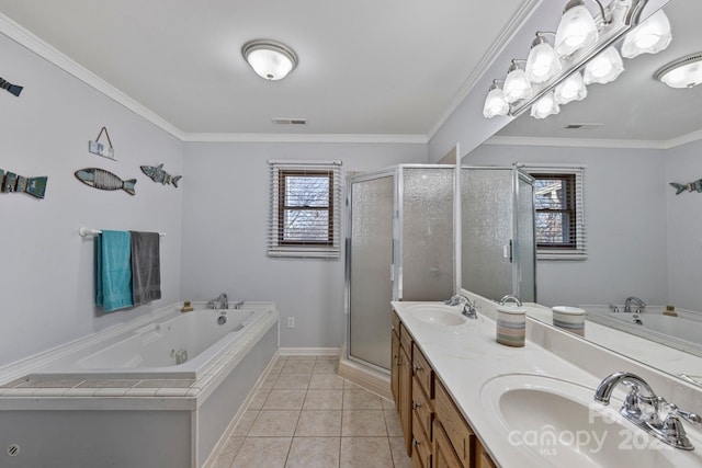 bathroom featuring crown molding, vanity, independent shower and bath, and tile patterned flooring