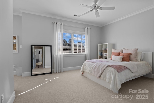 bedroom with crown molding, light colored carpet, and ceiling fan