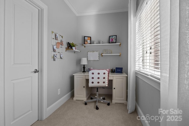 office area featuring crown molding and light carpet