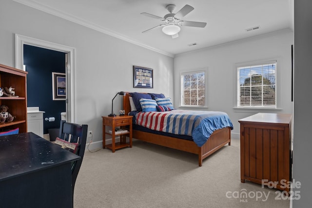 bedroom featuring ceiling fan, light colored carpet, and ornamental molding