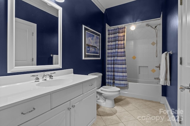 full bathroom with tile patterned flooring, vanity, toilet, and shower / bathtub combination with curtain