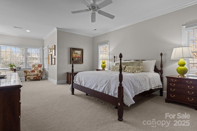 bedroom featuring light carpet, ornamental molding, and ceiling fan