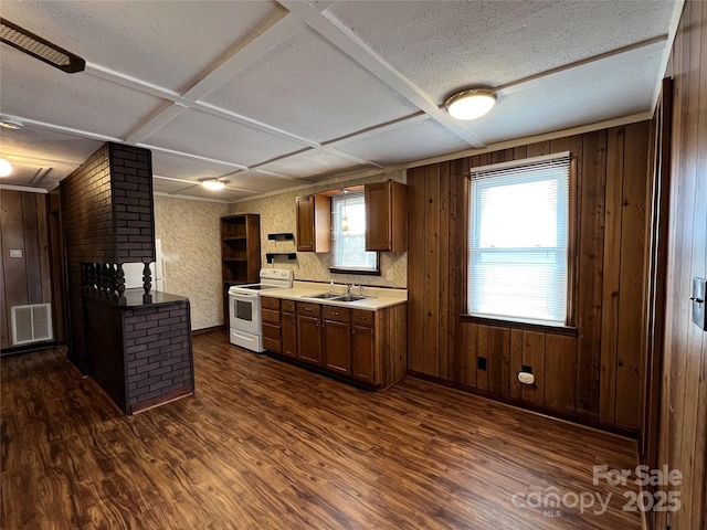 kitchen featuring sink, electric range, wooden walls, dark hardwood / wood-style floors, and coffered ceiling