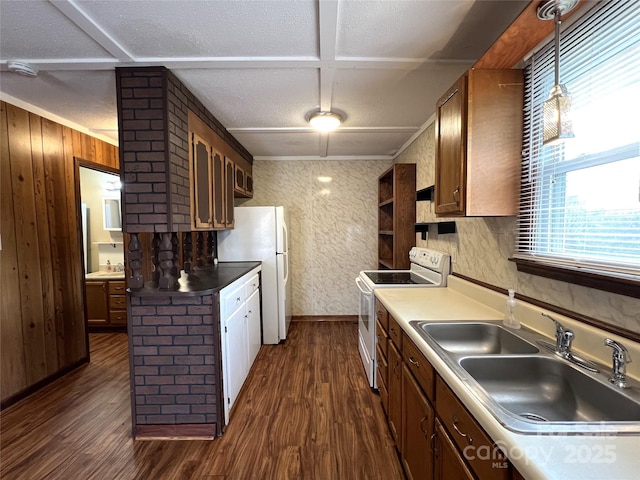 kitchen with dark hardwood / wood-style floors, pendant lighting, sink, ornamental molding, and white appliances