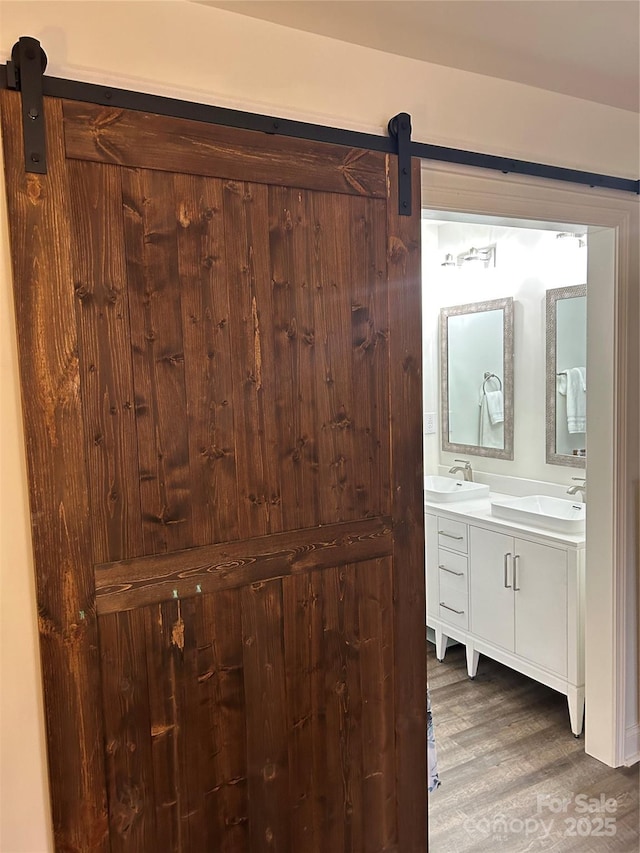 bathroom with vanity and wood-type flooring