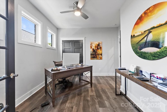 office with dark hardwood / wood-style flooring and ceiling fan