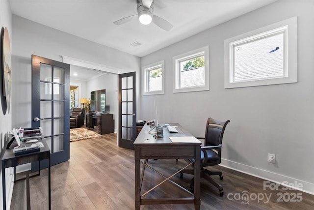 office area with wood-type flooring, ceiling fan, and french doors