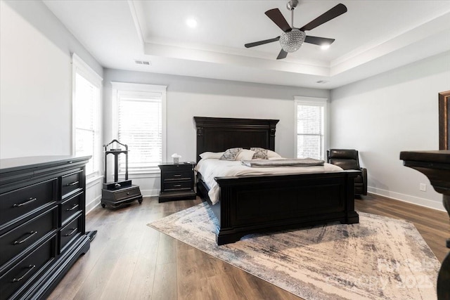 bedroom with a tray ceiling, dark hardwood / wood-style flooring, and multiple windows