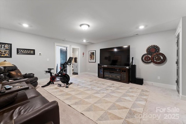 living room with light colored carpet